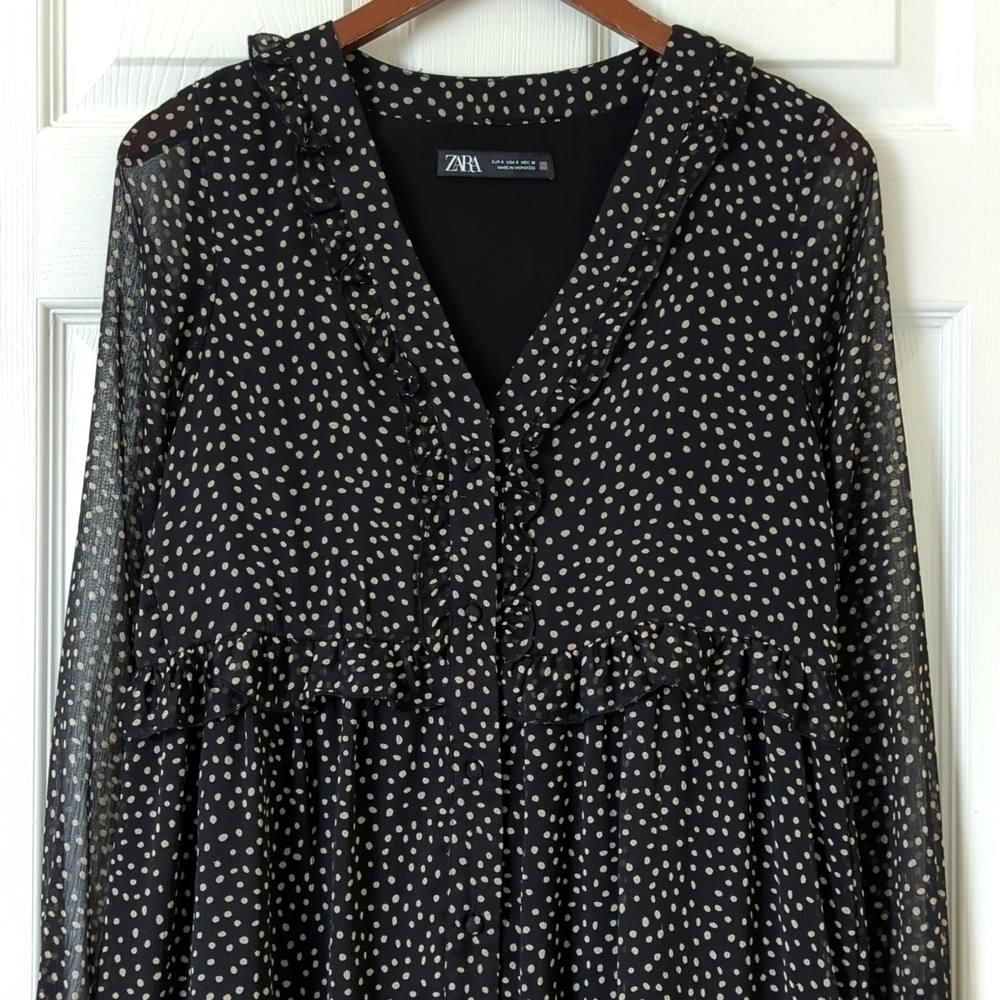 Zara Speckled Ruffled Trim V-neck Long Sleeve Button Down Mini Dress Black Small - Picture 2 of 12